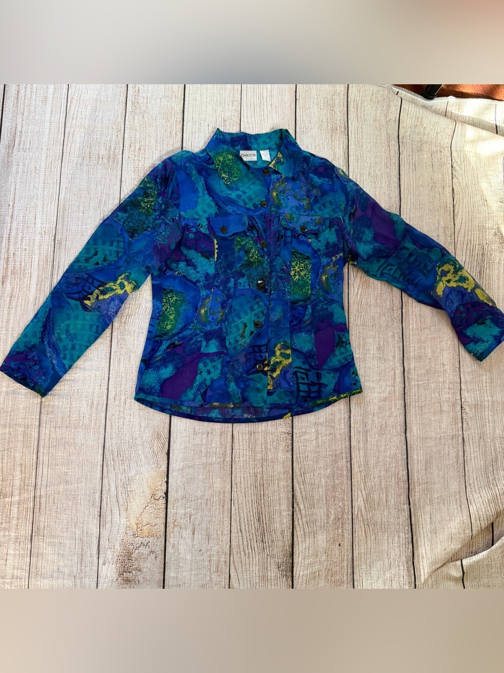 Chico's 100% Silk Sheer Blouse Size S Bright Multicolor Abstract Print Button